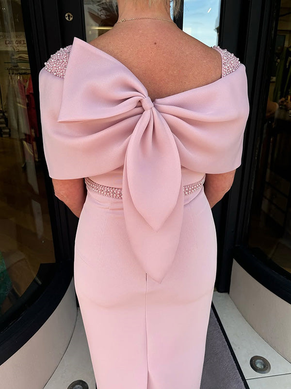 Sheath Square Short Sleeves Beading Tea-Length Stretch Crepe Mother of the Bride Dress
