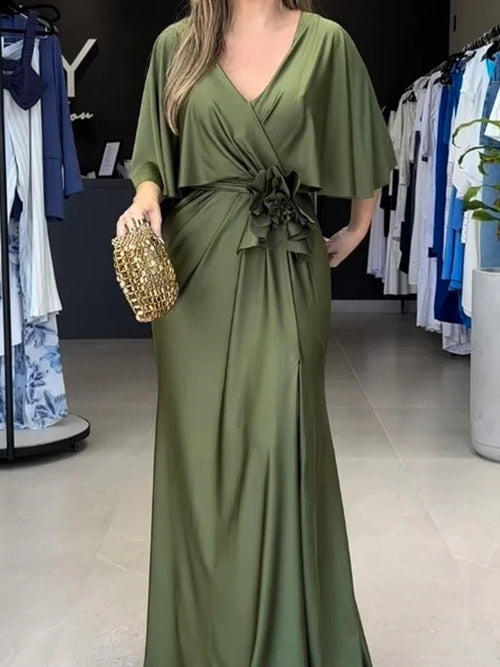 Sheath V-neck 1/2 Sleeves Pleated Sweep Train Silk Like Satin Mother of the Bride Dress