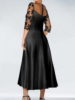 A-line Scoop 3/4 Sleeves Appliques Lace Tea-Length Silk Like Satin Mother of the Bride Dress