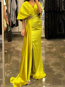 Sheath V-neck 1/2 Sleeves Pleated Sweep Train Silk Like Satin Mother of the Bride Dress