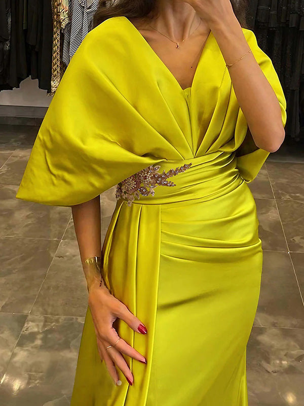 Sheath V-neck 1/2 Sleeves Pleated Sweep Train Silk Like Satin Mother of the Bride Dress