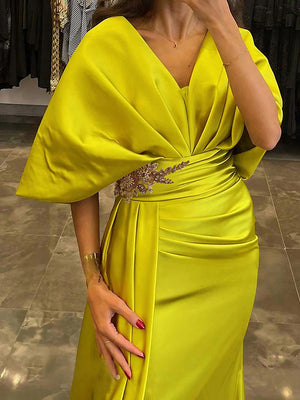 Sheath V-neck 1/2 Sleeves Pleated Sweep Train Silk Like Satin Mother of the Bride Dress