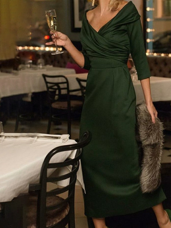 Sheath V-neck 3/4 Sleeves Pleated Tea-Length Silk Like Satin Corset Mother of the Bride Dress