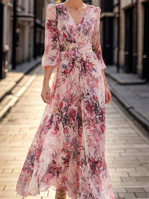 A-line V-neck 3/4 Sleeves Ruffles Ankle-Length Mother of the Bride Dress