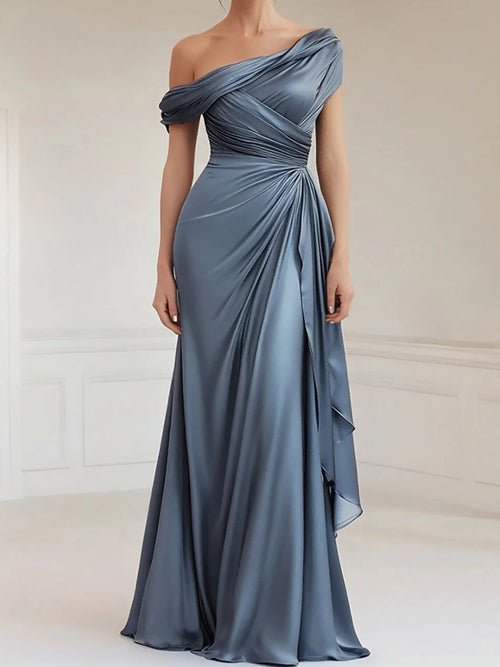 Sheath Pleated Floor-Length Satin Chiffon Corset Mother of the Bride Dress