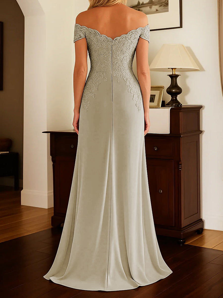 Sheath Off-the-Shoulder Appliques Lace Floor-Length Chiffon Corset Mother of the Bride Dress