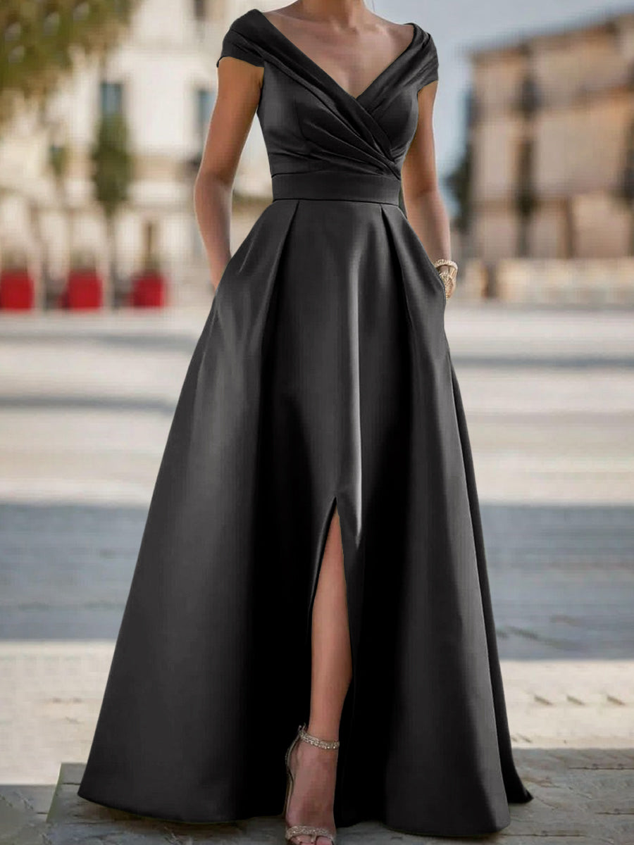 A-line V-neck Pleated Floor-Length Satin Corset Mother of the Bride Dress