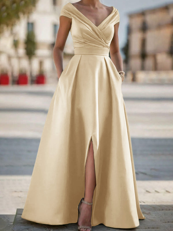 A-line V-neck Pleated Floor-Length Satin Corset Mother of the Bride Dress