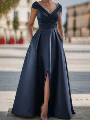 A-line V-neck Pleated Floor-Length Satin Corset Mother of the Bride Dress