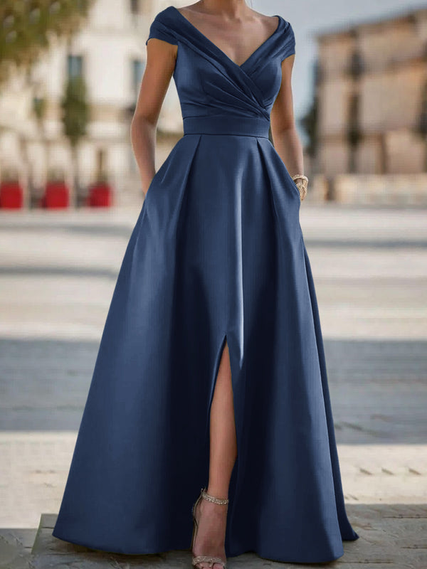 A-line V-neck Pleated Floor-Length Satin Corset Mother of the Bride Dress