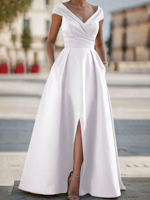 A-line V-neck Pleated Floor-Length Satin Corset Mother of the Bride Dress