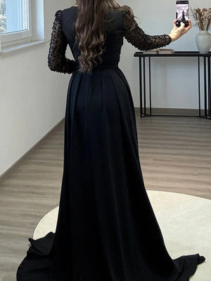 Sheath V-neck Long Sleeves Pleated Sweep Train Stretch Crepe Mother of the Bride Dress