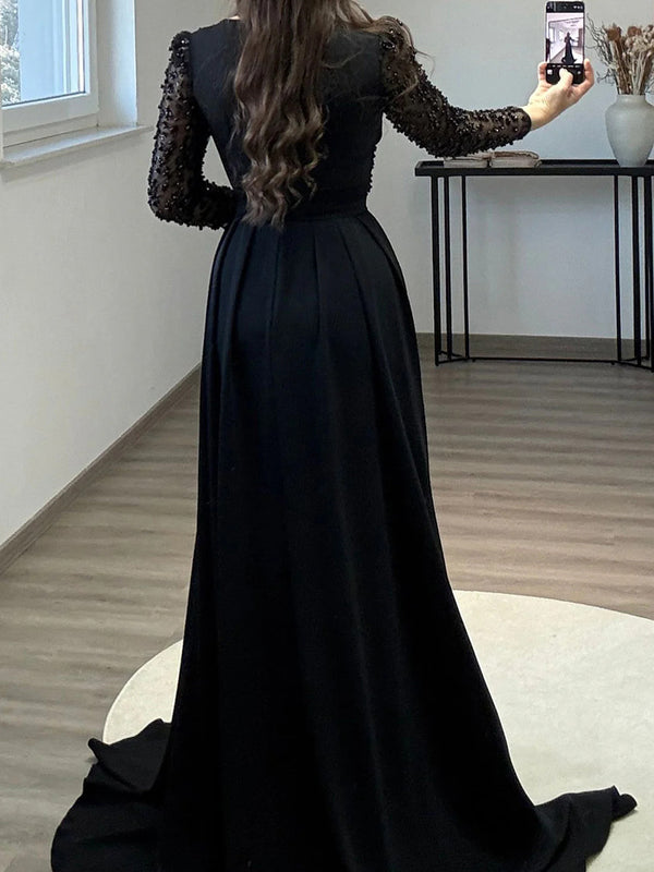 Sheath V-neck Long Sleeves Pleated Sweep Train Stretch Crepe Mother of the Bride Dress