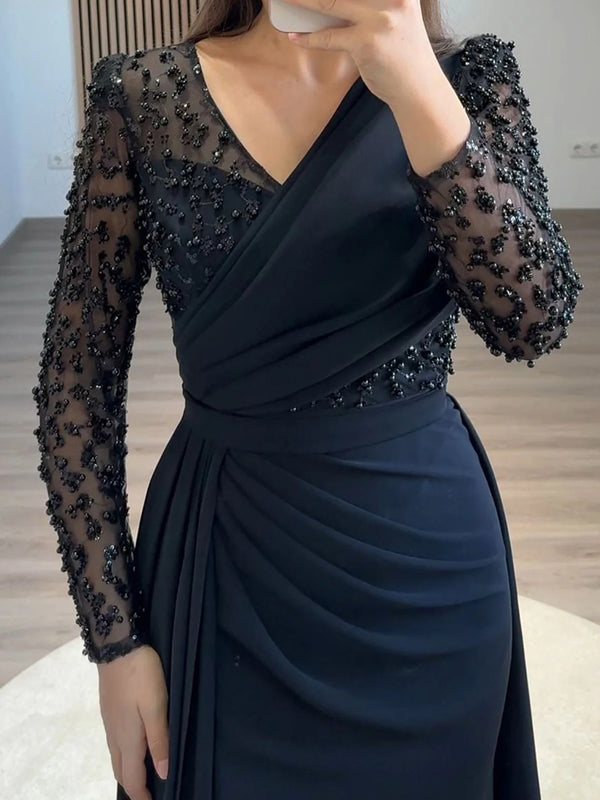 Sheath V-neck Long Sleeves Pleated Sweep Train Stretch Crepe Mother of the Bride Dress