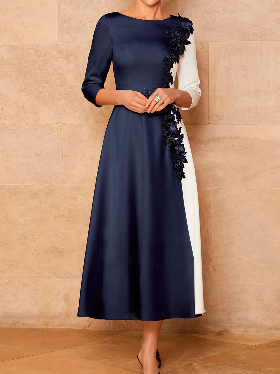 A-line Scoop 3/4 Sleeves Appliques Lace Tea-Length Stretch Crepe Corset Mother of the Bride Dress