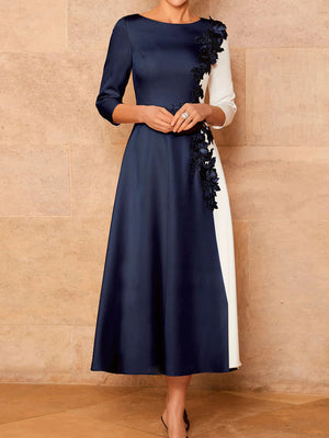 A-line Scoop 3/4 Sleeves Appliques Lace Tea-Length Stretch Crepe Corset Mother of the Bride Dress