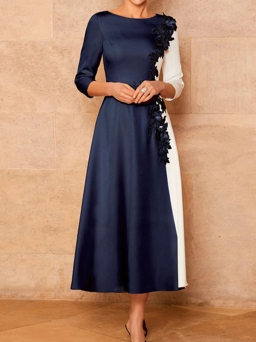 A-line Scoop 3/4 Sleeves Appliques Lace Tea-Length Stretch Crepe Corset Mother of the Bride Dress
