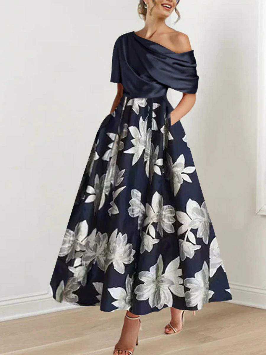 A-line Short Sleeves Pleated Ankle-Length Corset Mother of the Bride Dress