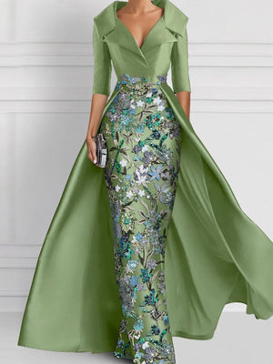 Sheath V-neck 1/2 Sleeves Appliques Lace Floor-Length Satin Corset Mother of the Bride Dress