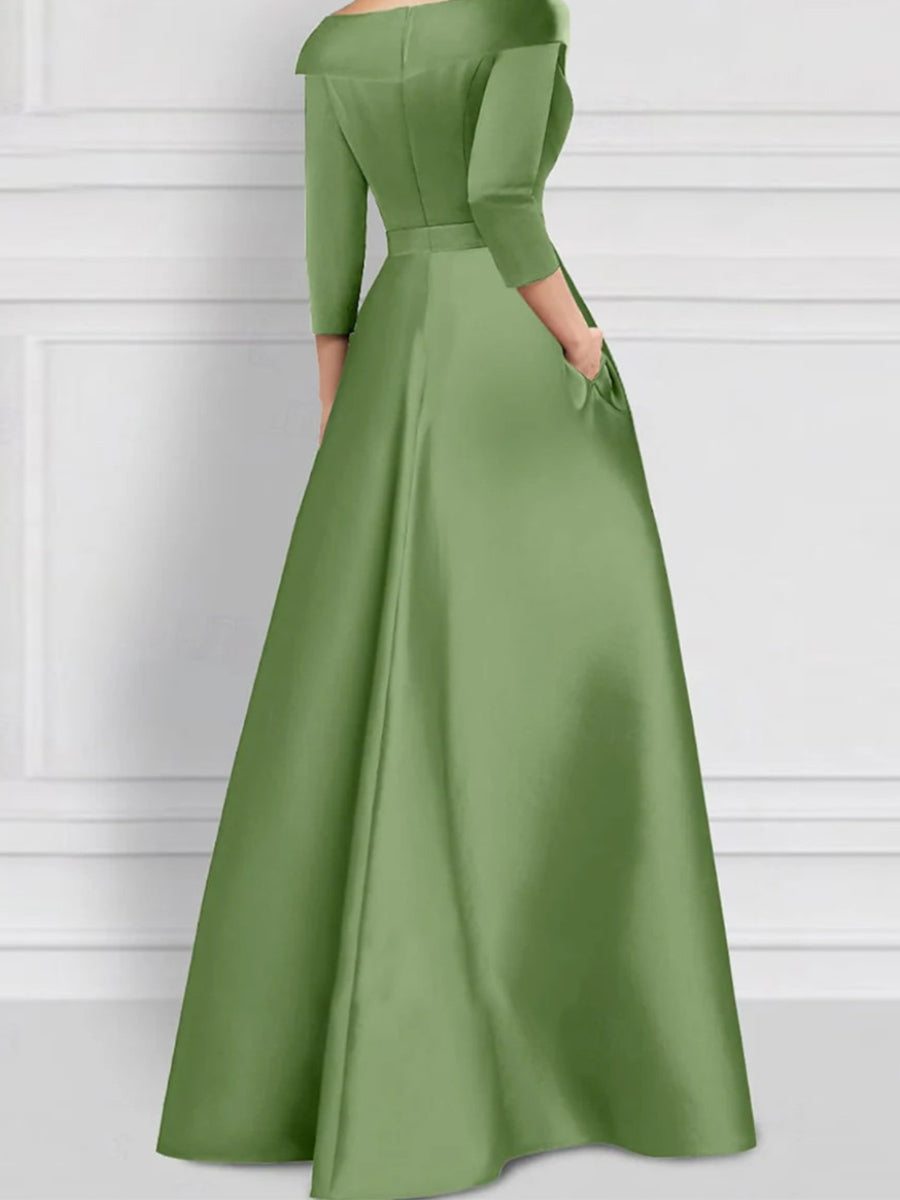 Sheath V-neck 1/2 Sleeves Appliques Lace Floor-Length Satin Corset Mother of the Bride Dress