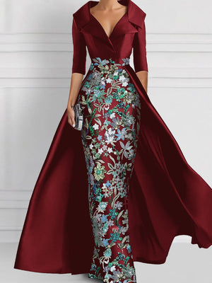 Sheath V-neck 1/2 Sleeves Appliques Lace Floor-Length Satin Corset Mother of the Bride Dress