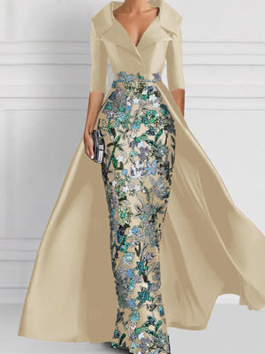 Sheath V-neck 1/2 Sleeves Appliques Lace Floor-Length Satin Corset Mother of the Bride Dress