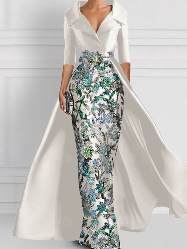 Sheath V-neck 1/2 Sleeves Appliques Lace Floor-Length Satin Corset Mother of the Bride Dress