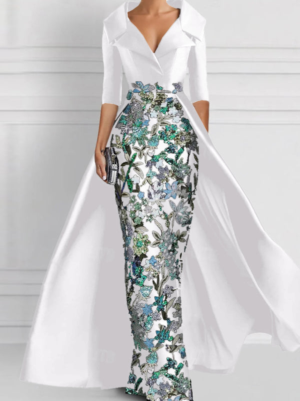 Sheath V-neck 1/2 Sleeves Appliques Lace Floor-Length Satin Corset Mother of the Bride Dress