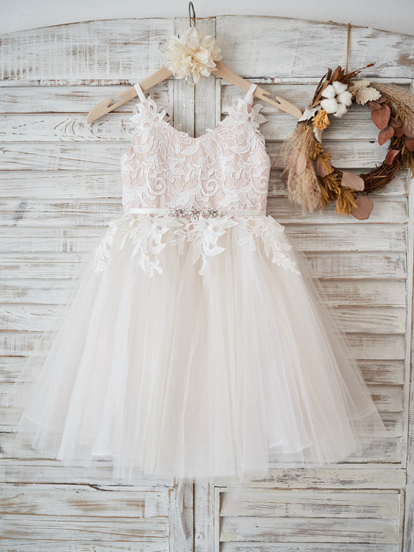 A-line V-neck Beading Knee-Length Tulle Flower Girl Dress