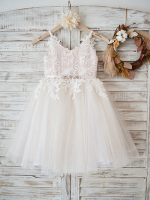 A-line V-neck Beading Knee-Length Tulle Flower Girl Dress