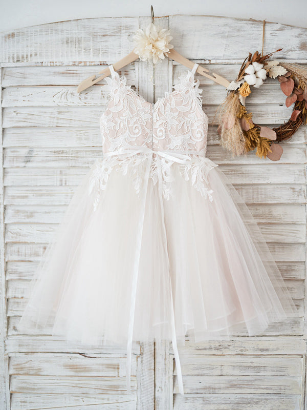 A-line V-neck Beading Knee-Length Tulle Flower Girl Dress