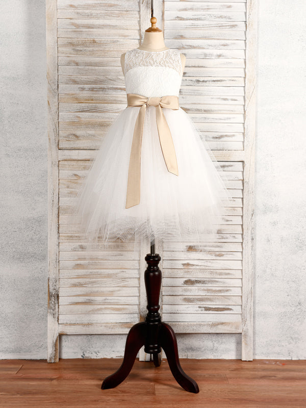 A-line Scoop Bow Tea-Length Tulle Flower Girl Dress