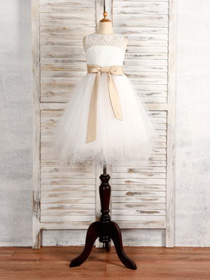 A-line Scoop Bow Tea-Length Tulle Flower Girl Dress