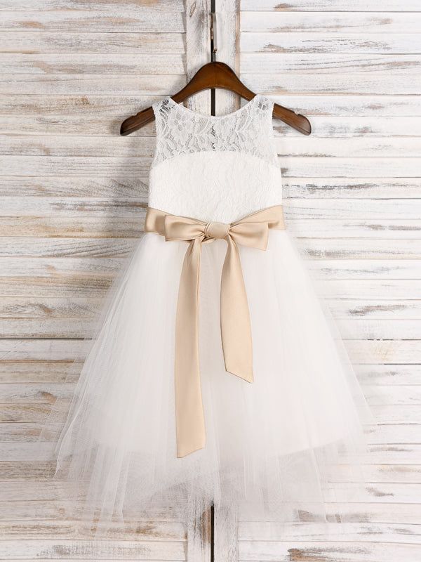 A-line Scoop Bow Tea-Length Tulle Flower Girl Dress