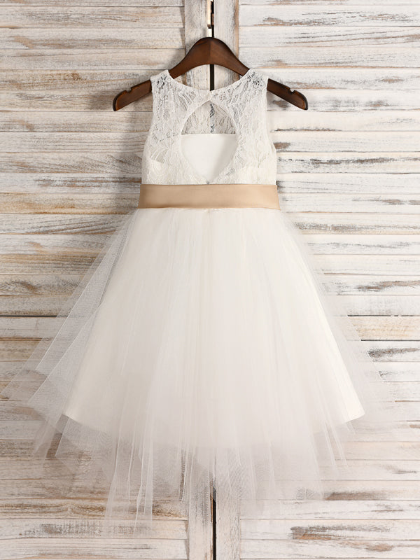 A-line Scoop Bow Tea-Length Tulle Flower Girl Dress