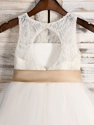 A-line Scoop Bow Tea-Length Tulle Flower Girl Dress