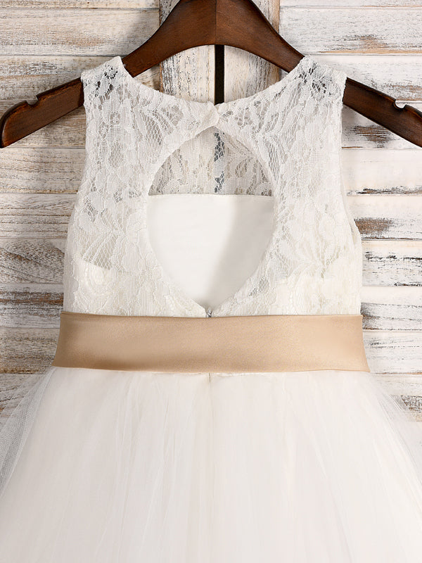 A-line Scoop Bow Tea-Length Tulle Flower Girl Dress