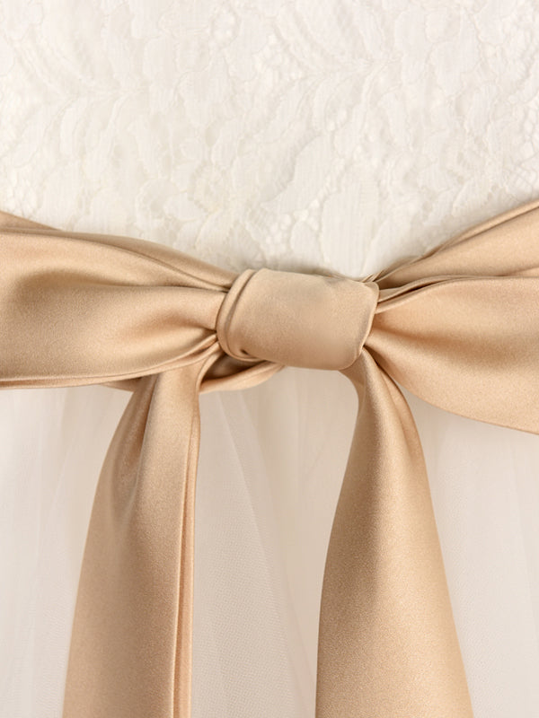 A-line Scoop Bow Tea-Length Tulle Flower Girl Dress