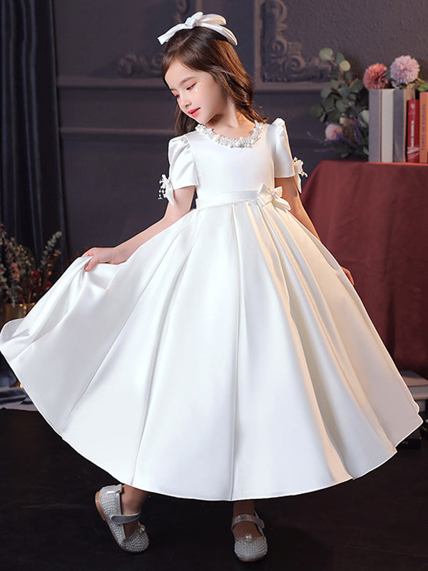 A-line Jewel Short Sleeves Beading Tea-Length Satin Flower Girl Dress