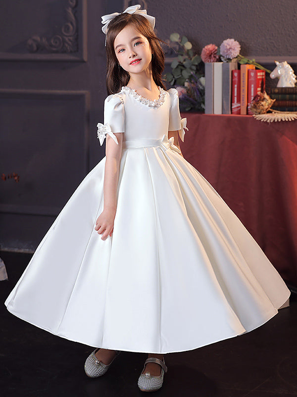 A-line Jewel Short Sleeves Beading Tea-Length Satin Flower Girl Dress