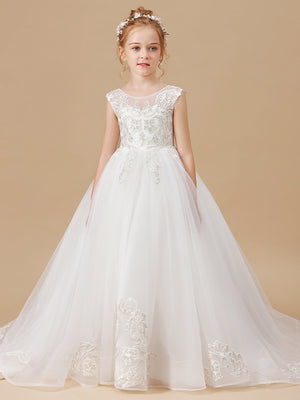 Ball-Gown Scoop Applique Sweep Train Tulle Flower Girl Dress