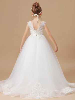 Ball-Gown Scoop Applique Sweep Train Tulle Flower Girl Dress