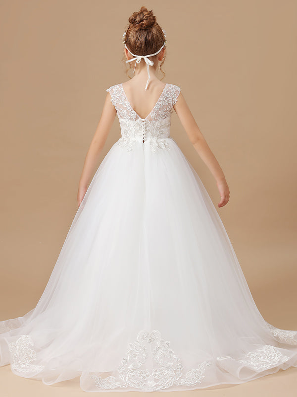 Ball-Gown Scoop Applique Sweep Train Tulle Flower Girl Dress