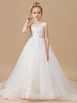 Ball-Gown Scoop Applique Sweep Train Tulle Flower Girl Dress