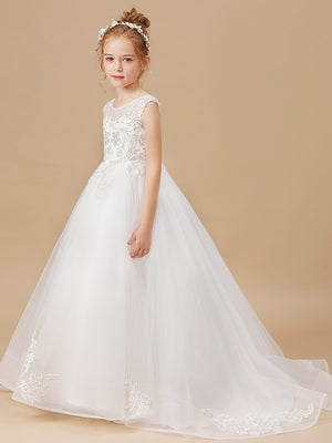 Ball-Gown Scoop Applique Sweep Train Tulle Flower Girl Dress