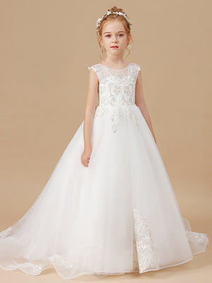 Ball-Gown Scoop Applique Sweep Train Tulle Flower Girl Dress