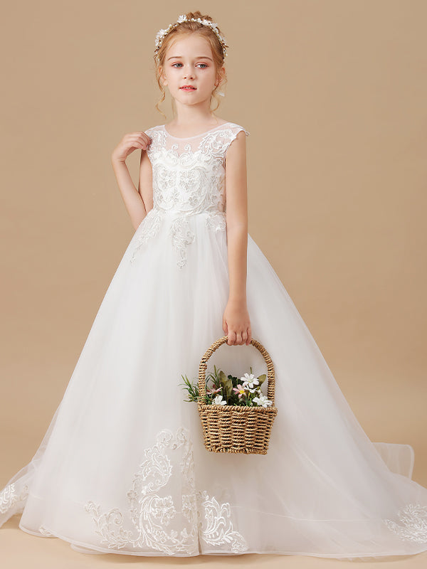 Ball-Gown Scoop Applique Sweep Train Tulle Flower Girl Dress