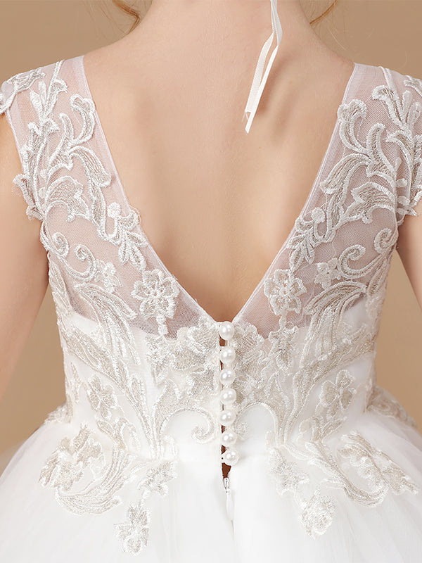 Ball-Gown Scoop Applique Sweep Train Tulle Flower Girl Dress