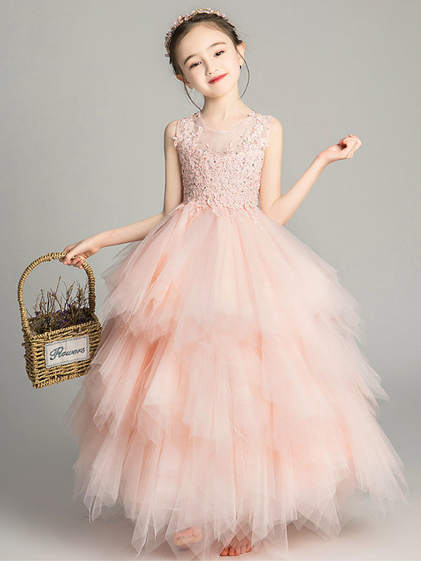 A-line Scoop Beading Floor-Length Tulle Flower Girl Dress