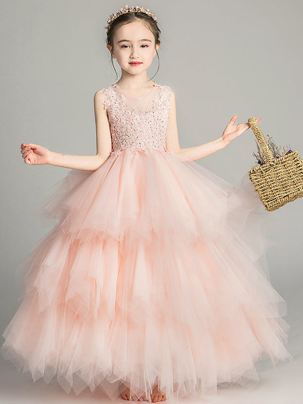 A-line Scoop Beading Floor-Length Tulle Flower Girl Dress